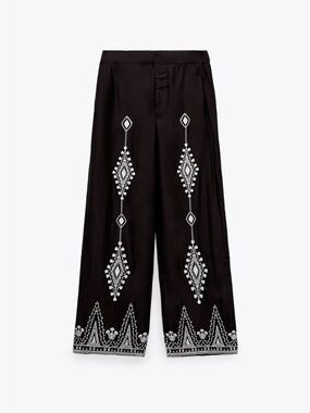 Zara Black Flowy Embroidered silky wide leg Pants Sz S